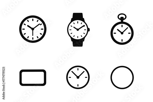 Timeless black icons set featuring wrist watches and clocks with minimalist design