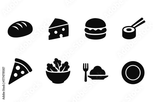 Minimalist food icon set featuring pizza, burger, and sushi with bold silhouette design