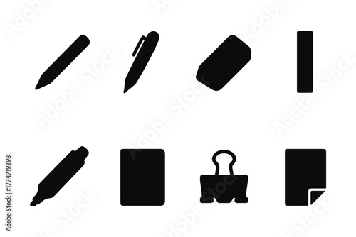 Office supplies silhouette: pens, eraser, notebook, binder clip icons