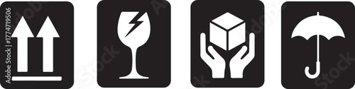 Black fragile shipping symbol set. Transport warning labels in black. Fragile signs with package icons.  Packaging symbols, fragile and packing care label, vector illustration. 