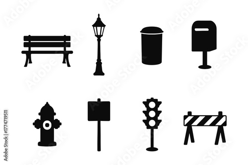 Urban silhouette icons set: street furniture and safety symbols