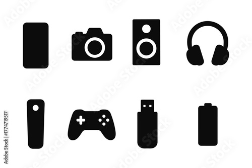 Silhouette icons of modern technology gadgets including camera and gaming controller