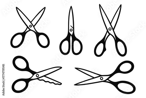 Set of five black silhouette scissors on white background