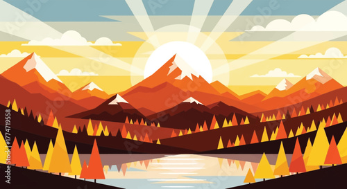 Vibrant mountain landscape with a glowing sun rising over a serene lake and pine forest