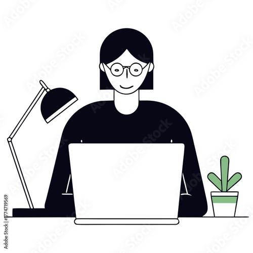  mom  with glasses working on laptop at home with desk lamp  
