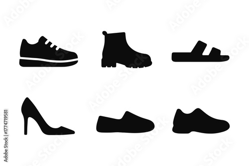 Silhouette collection of various shoe styles for modern footwear design concepts