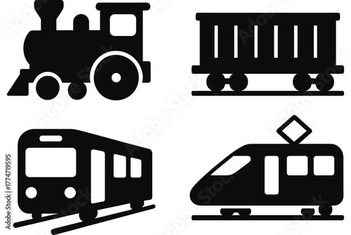 Silhouette train icons set: steam, freight, subway, high speed