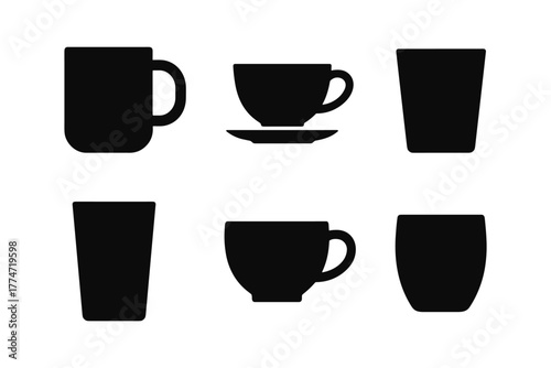 Black silhouette set of mugs and cups on white background