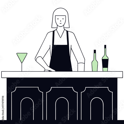 Young bartender serving drinks at bar counter in minimalist design  