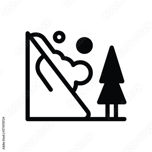 A black and white icon depicts a mountainside with a small avalanche and a tree