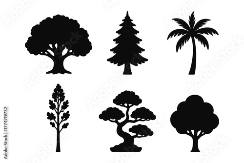 Diverse tree silhouettes: modern and classic nature designs