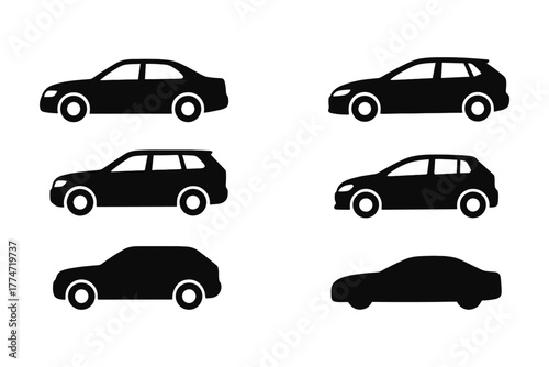Set of black car silhouettes: sedans, suvs, and hatchbacks in minimalist design