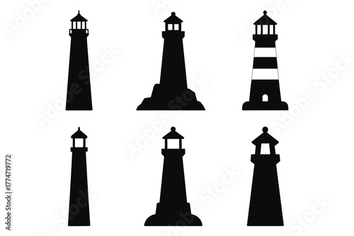 Silhouette collection of unique lighthouse designs in black