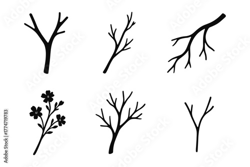 Set of six black tree branch silhouettes on white background