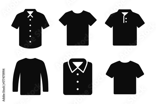 Set of silhouette shirt icons: t-shirts, polos, and long sleeves in minimalist style