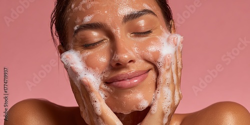 Woman enjoying facial cleansing with foaming cleanser for healthy radiant skin against pink background
