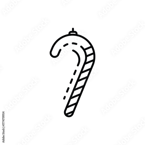 A black and white line art illustration of a candy cane It has a loop at the top with a small ring above it The candy cane itself is curved