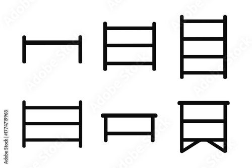 Minimalist line art: furniture and shelves in black outline