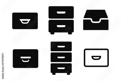 Minimalist drawer and cabinet icons set for organizing and storage solutions