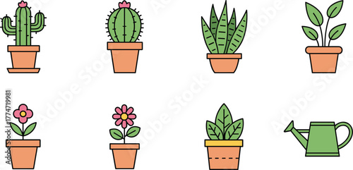 Set of Cute Flat Design Potted Houseplants, Cactus, and Watering Can Icons Vector IllustrationSet of Cute Flat Design Potted Houseplants, Cactus, and Watering Can Icons Vector Illustration
