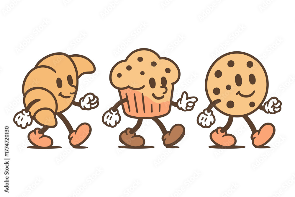 Fototapeta premium Cute cartoon baked goods characters with happy expressions