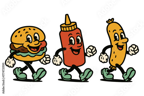 Retro cartoon fast food characters: burger, ketchup, and hot dog