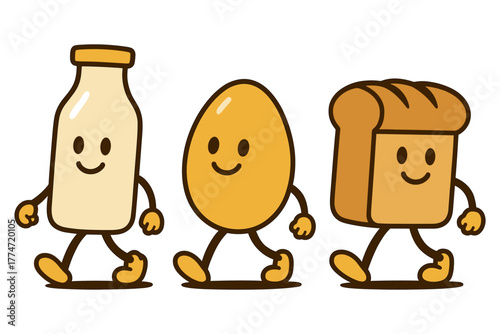 Cartoon breakfast characters walking cheerfully: milk, egg, and bread