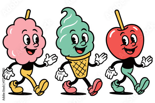 Retro cartoon characters: cotton candy, ice cream, and candy apple walking in style
