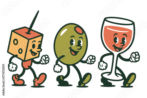Retro cartoon characters: dancing cheese, olive, and wine glass with smiling faces