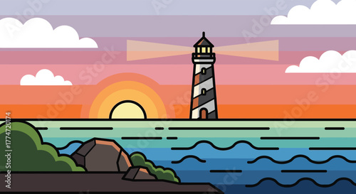 Striped lighthouse stands tall on rocky shore at sunset with ocean waves and clouds