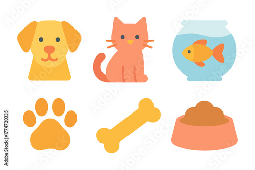 Cute pet icons set featuring dog, cat, and fish in flat design