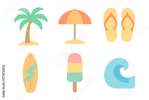 Colorful summer icons set featuring palm tree, umbrella, flip flops, surfboard, ice cream, and wave