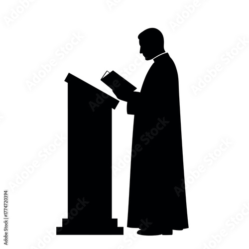 Silhouette of a Priest Reading from a Book at a Lectern.