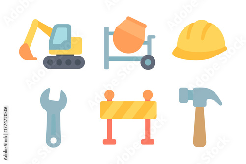 Construction equipment set: flat design digger, cement mixer, hard hat, tools