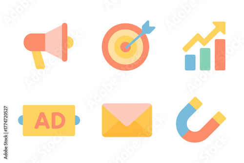 Flat design marketing icons: megaphone, target, growth chart, advertisement, email, magnet