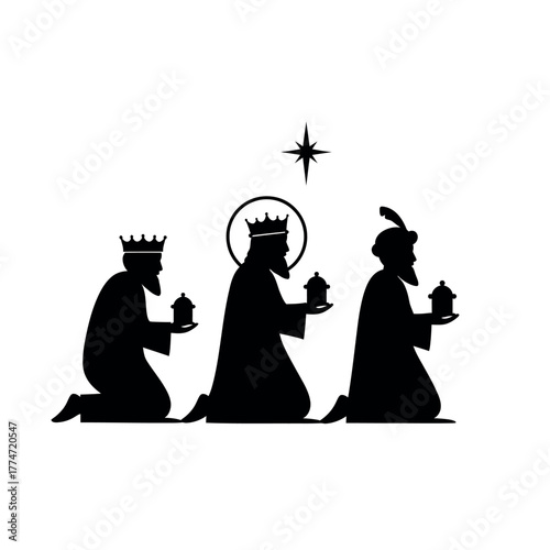 Three Kings Silhouette with Star and Gifts.