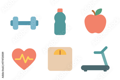 Fitness and health icons set featuring dumbbell, water bottle, apple, heartbeat, scale, and treadmill