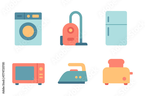 Colorful flat home appliances set with washing machine, vacuum, and more