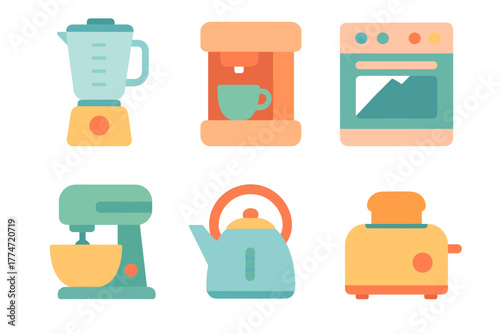 Colorful kitchen appliance collection featuring blender, coffee maker, and more