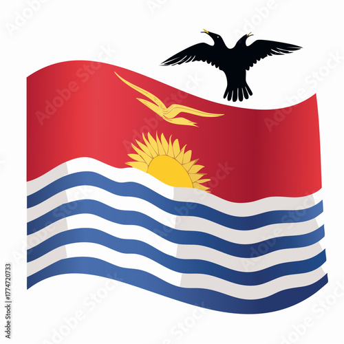 Stylized waving flag of a nation with a sun and bird silhouette