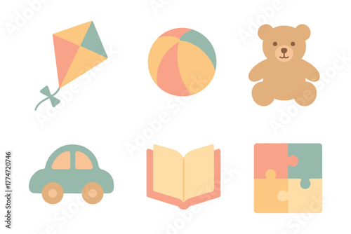 Flat pastel children's toys set with kite, ball, teddy, car, book, puzzle