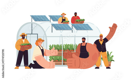 Farmers harvesting fresh vegetables inside modern greenhouse. Eco farming concept with sustainability, organic agriculture, and environmental care illustration.