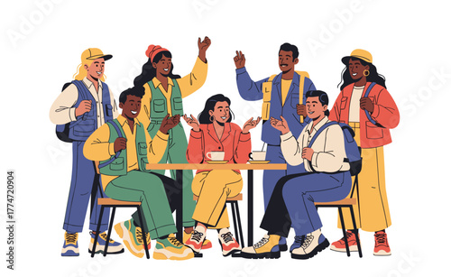 Group of diverse young friends chatting happily at café table, enjoying coffee, laughter, and casual urban lifestyle together.