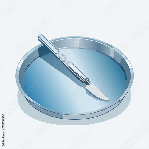 Surgical scalpel resting on a sterile tray against a clean white background
