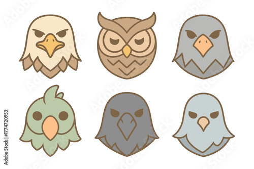 Colorful flat bird heads: eagle, owl, parrot, and more in modern style