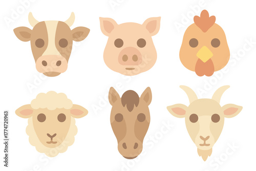 Cute farm animal faces collection in flat style