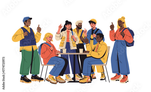 Group of diverse young friends chatting happily at café table, enjoying coffee, laughter, and casual urban lifestyle together.