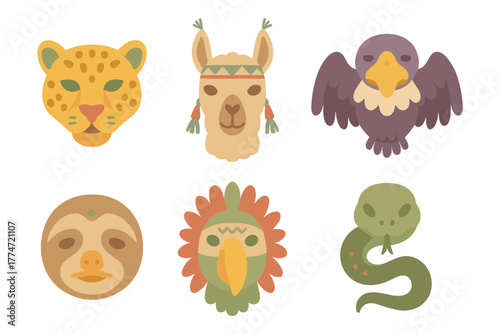 Colorful flat animal heads: jaguar, llama, eagle, sloth, parrot, snake