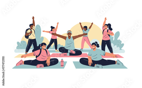 Group of diverse young people doing morning outdoor yoga and stretching exercises together, promoting wellness, balance, and positivity.