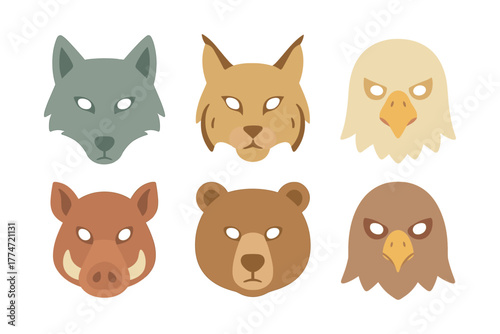 Flat animal masks: wolf, lynx, eagle, wild boar, bear, hawk